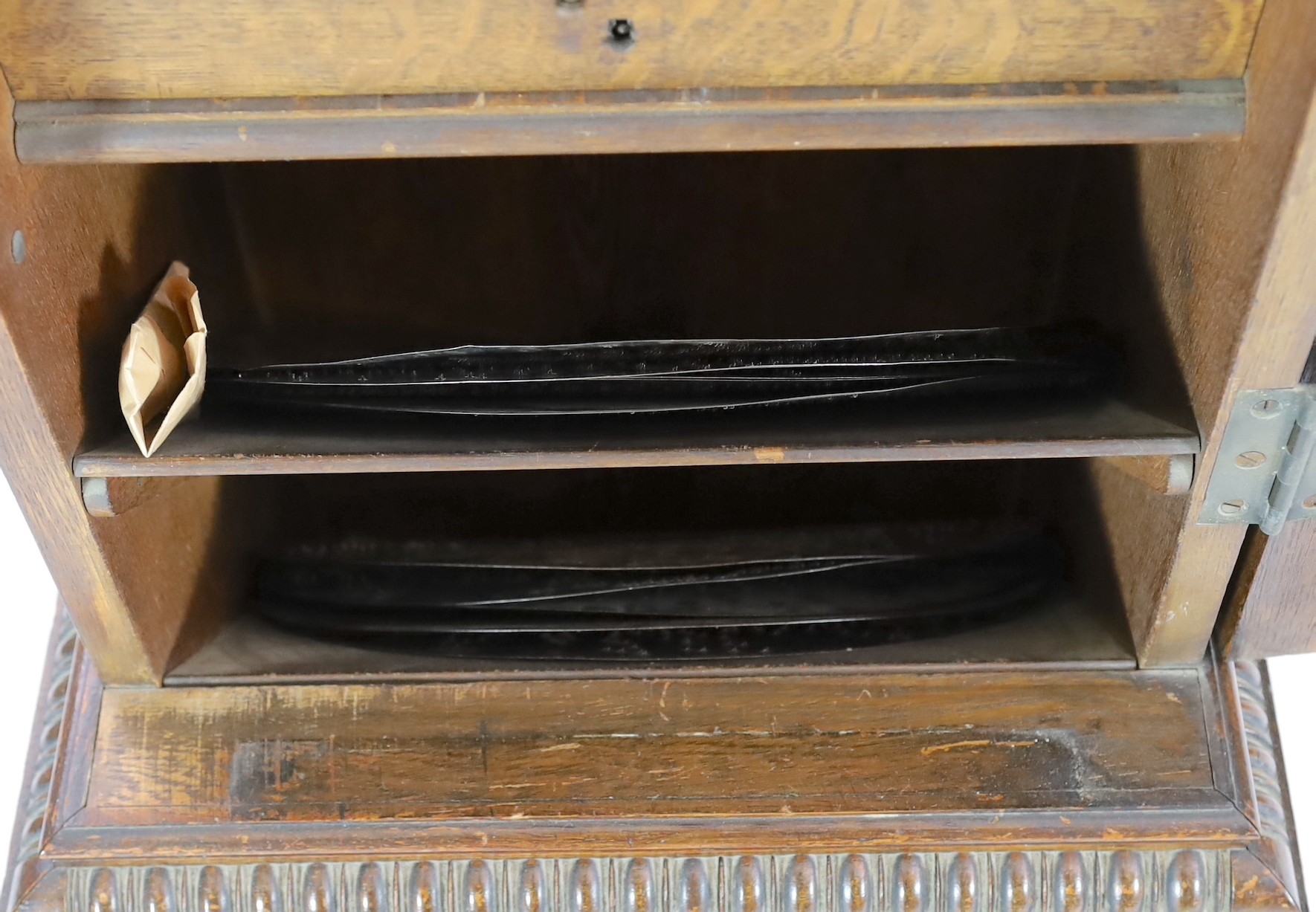 A Symphonion oak musical longcase hall clock, c.1895, playing 13.5in. discs, width 58cm depth 37cm height 235cm